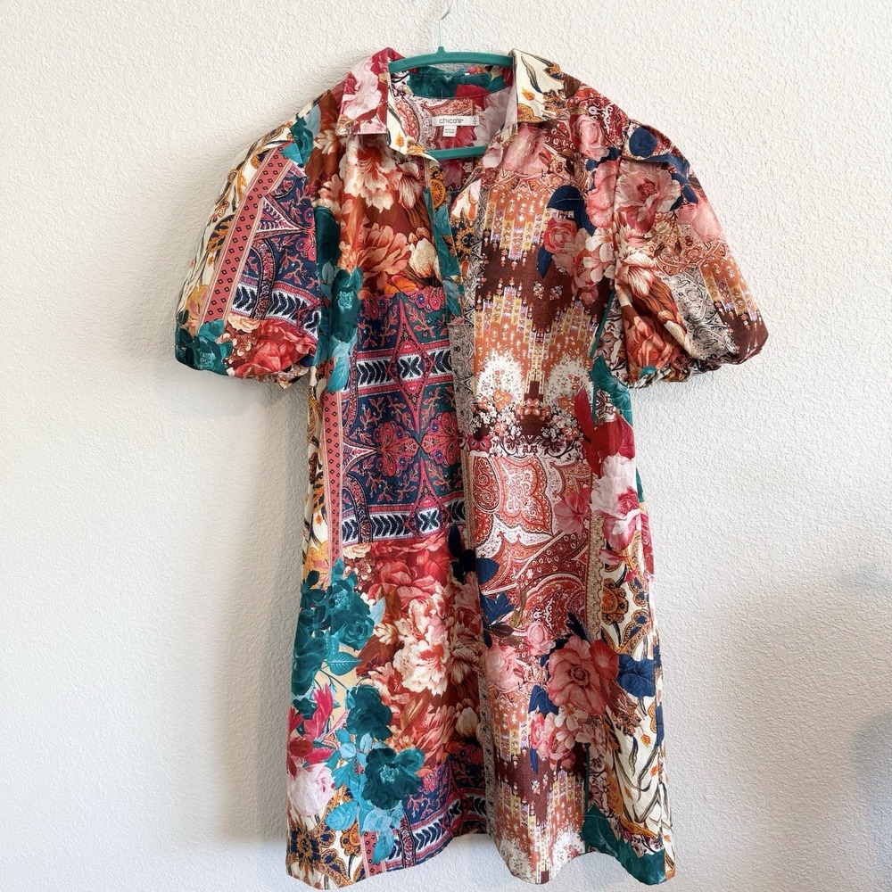 Chico's Boho Patchwork Print Dress Sz 2 (12) Cotton Poplin With Pockets